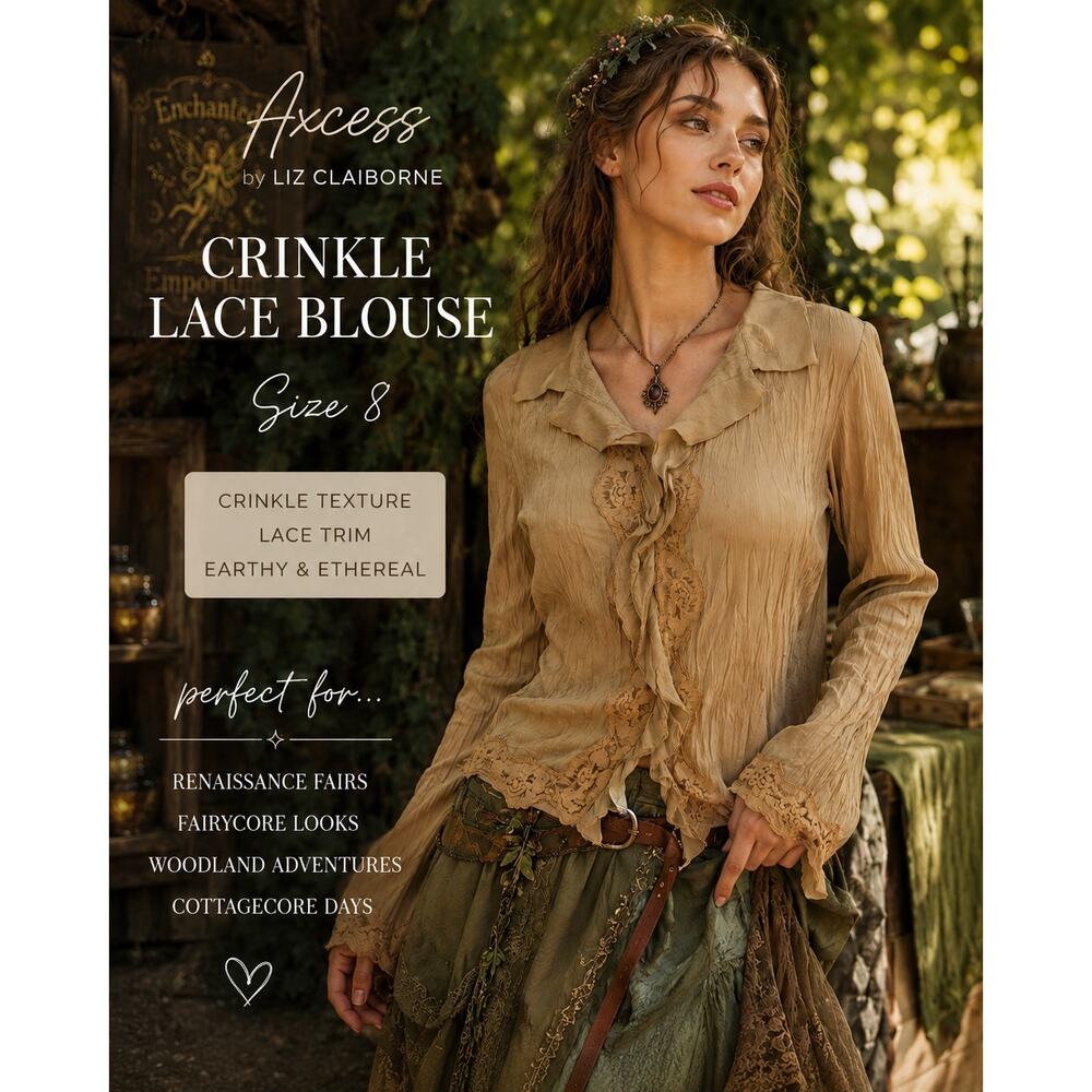 Axcess Button UP Blouse Size 8 Tan Crinkle Lace Trim Fairycore Renaissance